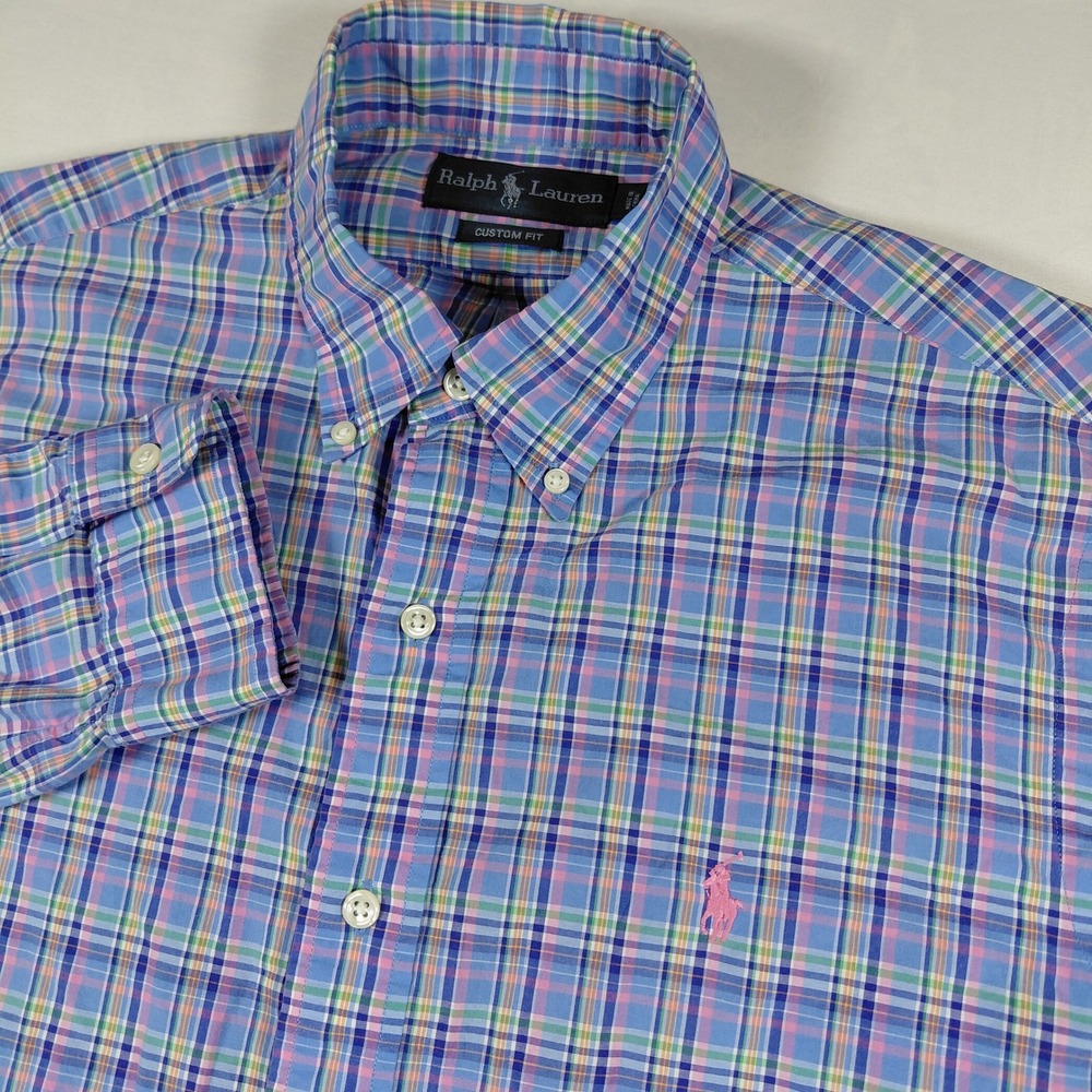 Polo Ralph Lauren Custom Fit Plaid Button Down Shirt Men Medium Blue Pink Pastel